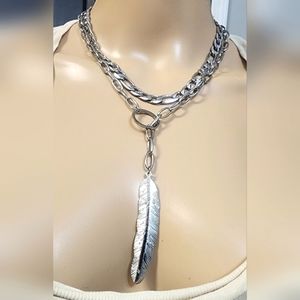 **NEW**NEVER WORN STAINLESS STEEL RHODIUM PLATED Chain Leaf Y Necklace